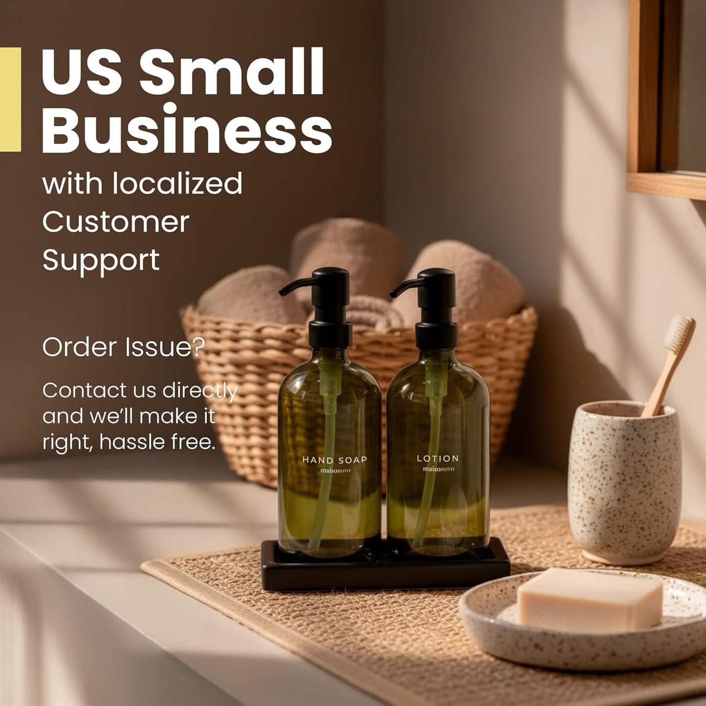 Maisonovo Kitchen Soap Dispenser Set | Hand and Dish Soap Dispenser Set with Handmade Ceramic Vanitry Tray and 16 Waterproof Labels | Green Glass Bottles & Black Pumps