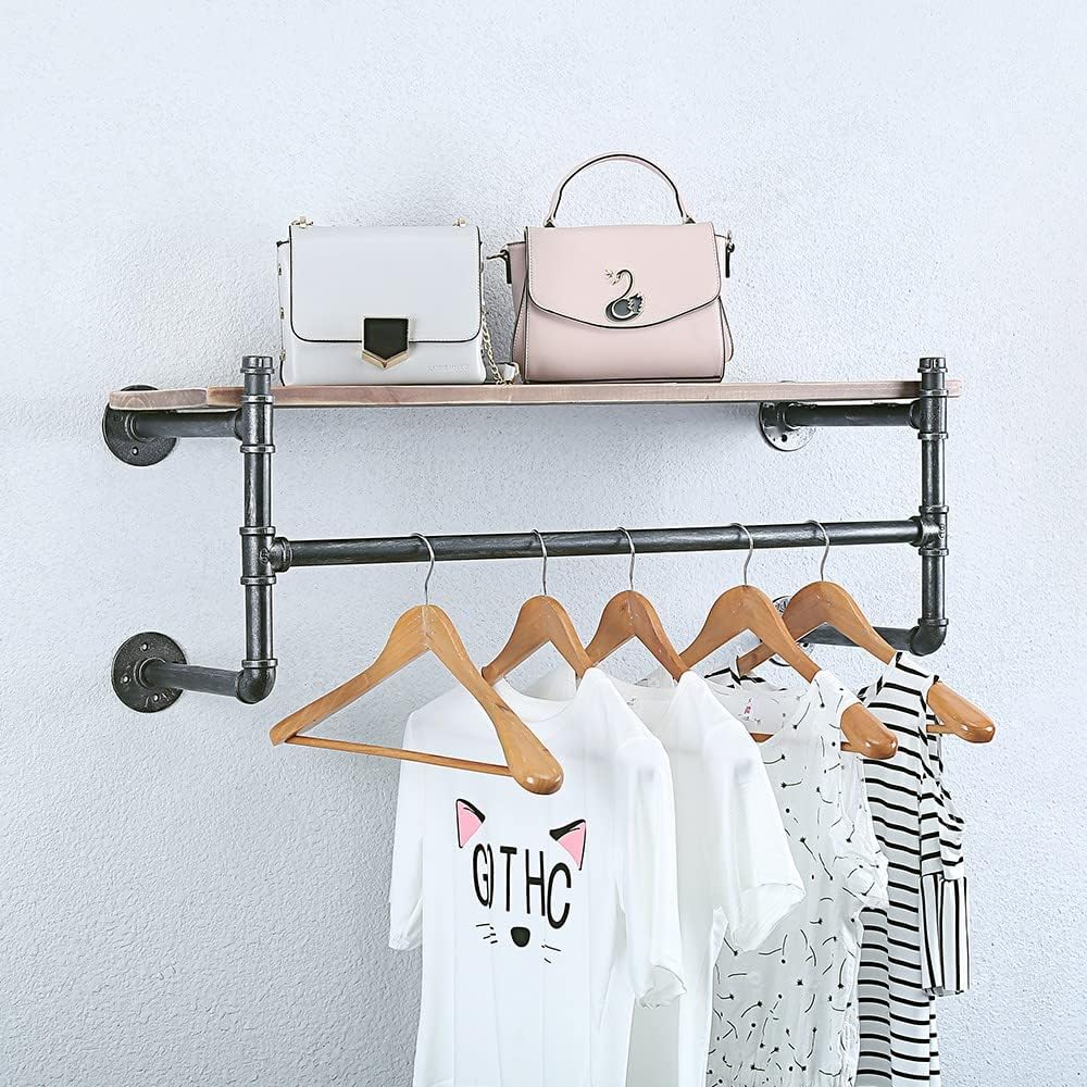 Industrial Pipe Clothing Rack Wall Mounted with Real Wood Shelf,Pipe Shelving Floating Shelves Wall Shelf,36in Retail Clothes Racks Display Rack