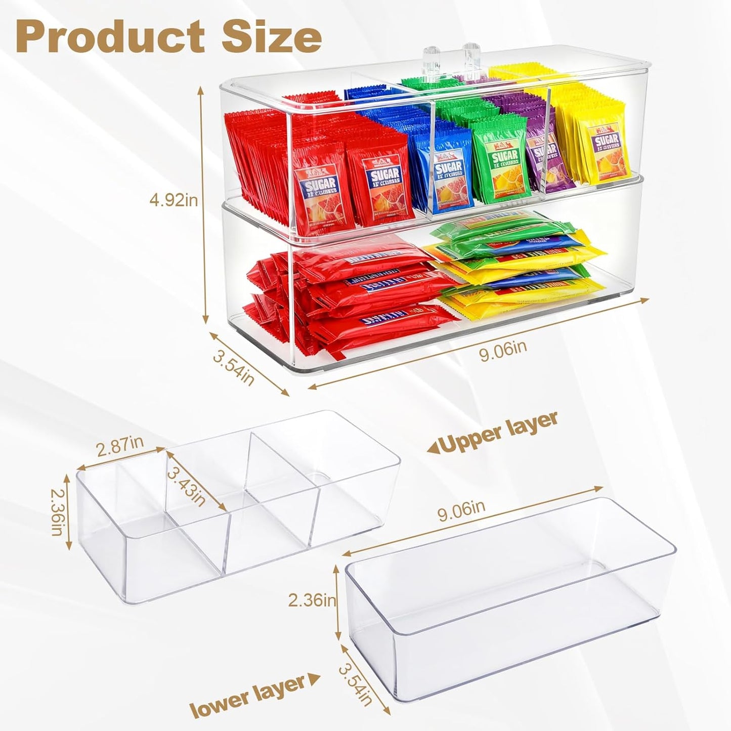 Sugar Packet Holder for Coffee Bar, Plastic Packet And Tea Bag Organizer, 1tier 3-Section And A Rectangular With Lid for Tea Bags Holder for Pantry, Cabinet, Countertop & Coffee Station