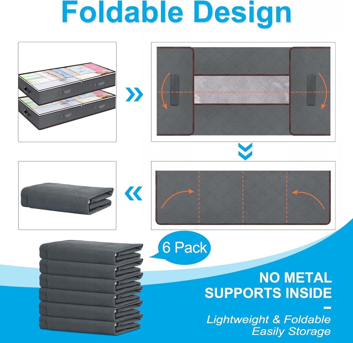 90L Under Bed Storage Containers, 6 Pack Underbed Closet Storage Organizer System, Moving Bags with Clear Window and Reinforced Handles for Bedding Pillows Blanket Clothes Wardrobe Bedroom