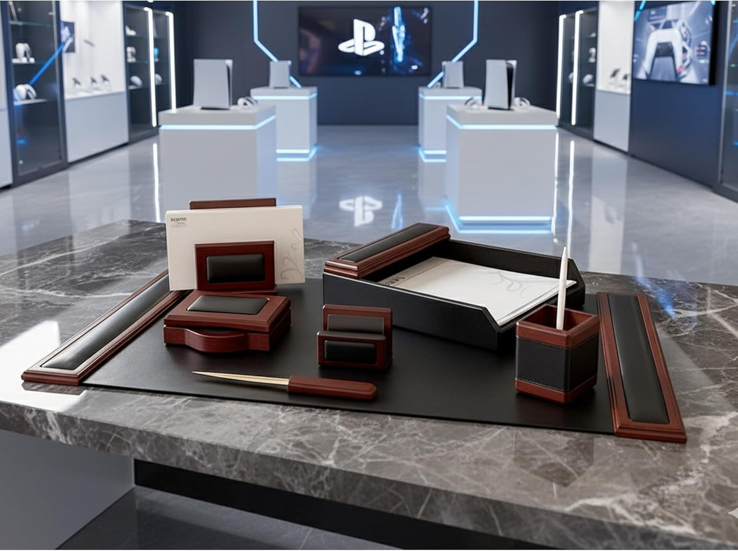 Dacasso Leather Desk Set - Luxury Leather Desk Pad& Desk Organization Essentials - Office Organization & Executive Desk Decor - (Rosewood and Black, 7 Piece)