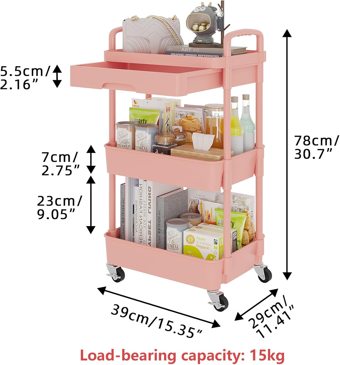 Calmootey 3-Tier Rolling Utility Cart with Drawer,Multifunctional Storage Organizer with Plastic Shelf & Metal Wheel,Storage Cart for Kitchen,Bathroom,Living Room,Office,Pink
