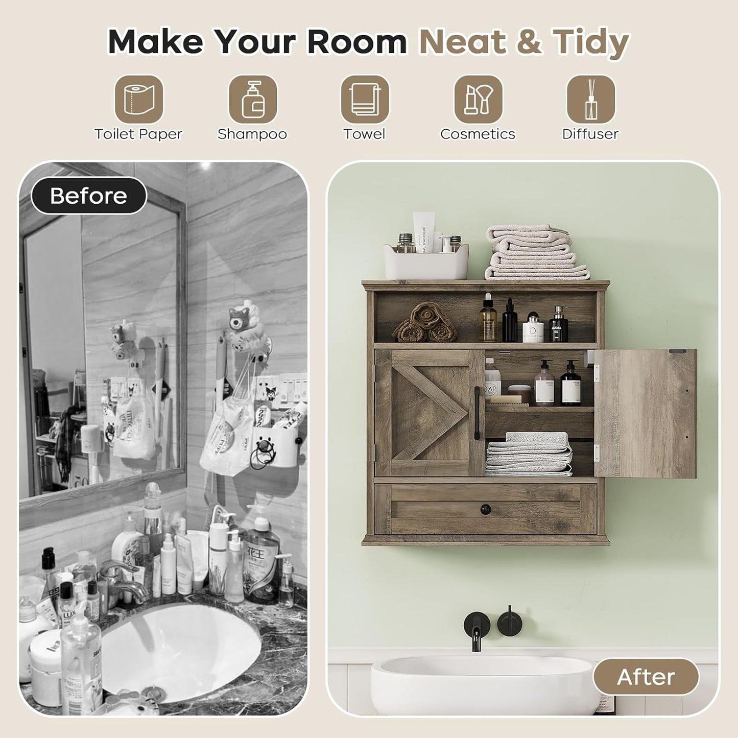 Bathroom Wall Cabinet, Wall Mounted Medicine Cabinet with Drawer, Barn Door & Adjustable Shelf, 24.4"H x 23.6"W x 9"D Grey Over Toilet Farmhouse Storage Cabinet for Kitchen, Laundry, Entryway