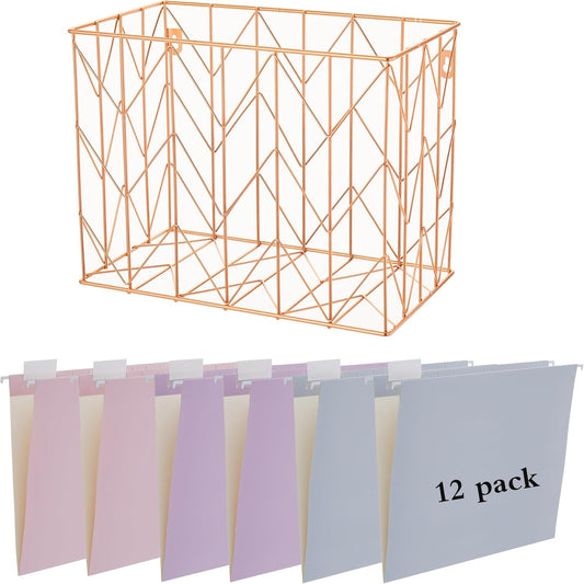 Hanging Rose Gold File Organizer, equipped with 12 letter sized hanging folders, file baskets, file boxes, storage boxes, office and study supplies, blue