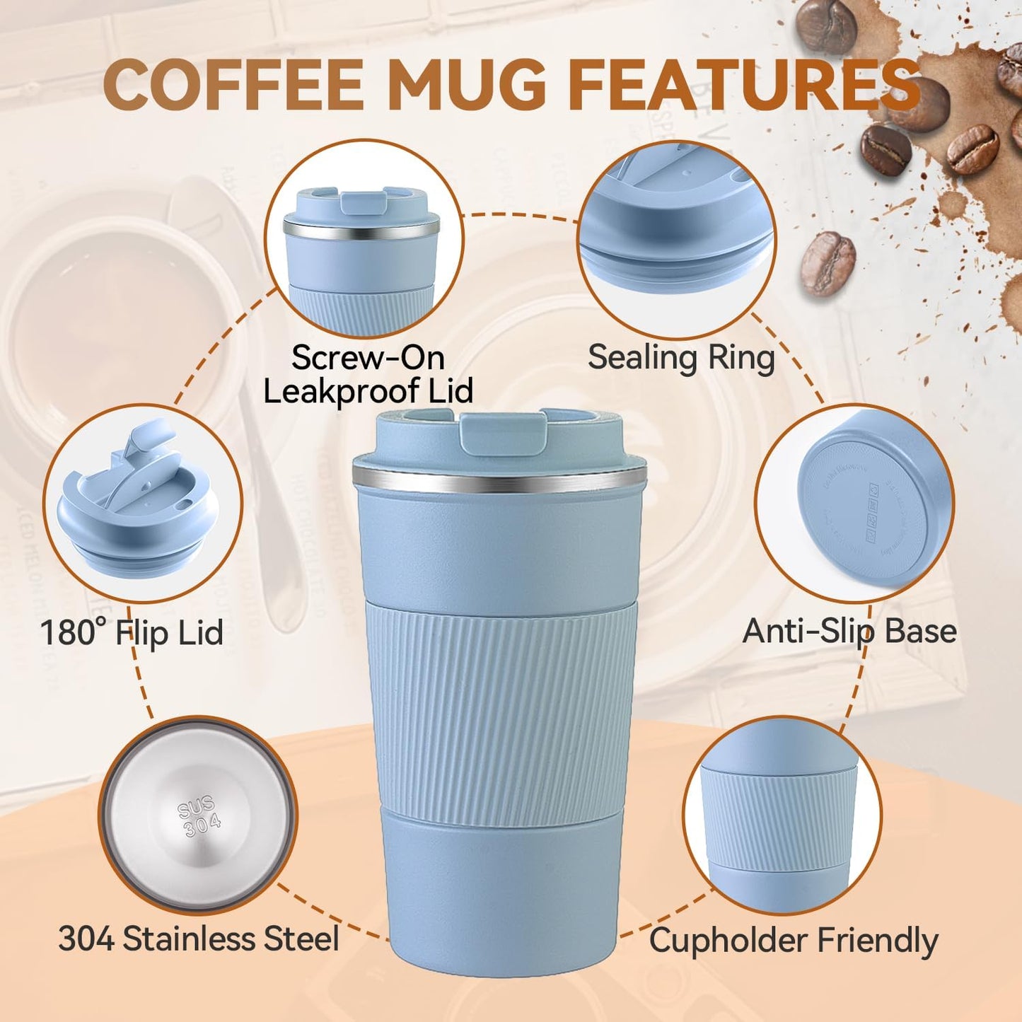 12OZ Travel Coffee Mug Insulated Coffee Cup with Spill Leak Proof Lid, Portable Stainless Steel Tumbler Reusable Hot and Cold Water Mug for Car, Daily, Camping- Light Blue