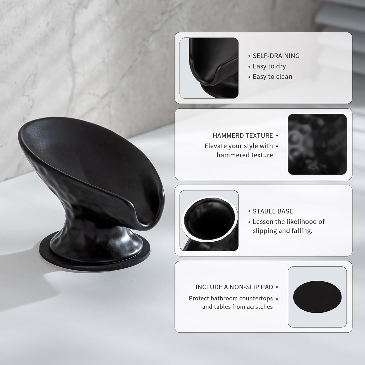 Self Draining Soap Dish,Shower Soap Holder,Black Ceramic Soap Dishes for Bathroom Kitchen Shower Keeps Soap Dry, Easy to Clean(Matte Black)