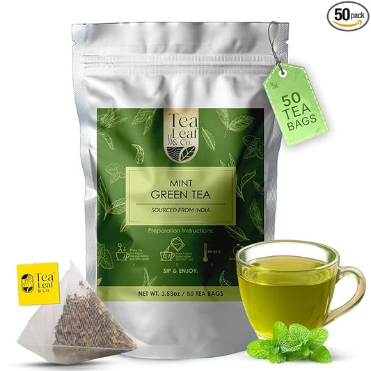 Tea Leaf & Co. Mint Green Tea Bags (50), Green Tea w/ Peppermint & Spearmint, Caffeinated, Real & Natural Green Tea, Blended with Fresh Herbs & Spices