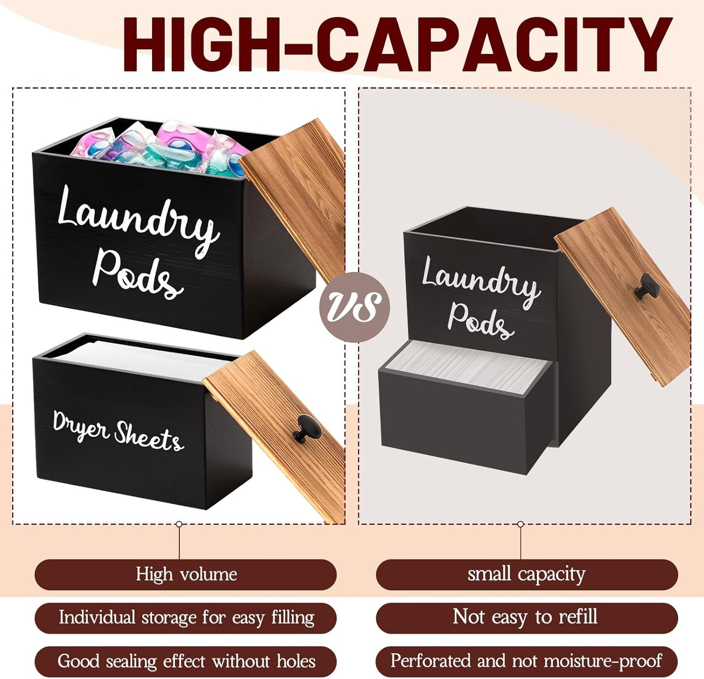 Dandat 3 Pcs Dryer Sheet Holder Laundry Pod Holder Scent Booster Container Set with Scoop Rustic Wood Dryer Sheet Container Laundry Beads Dispenser for Storage(Black)