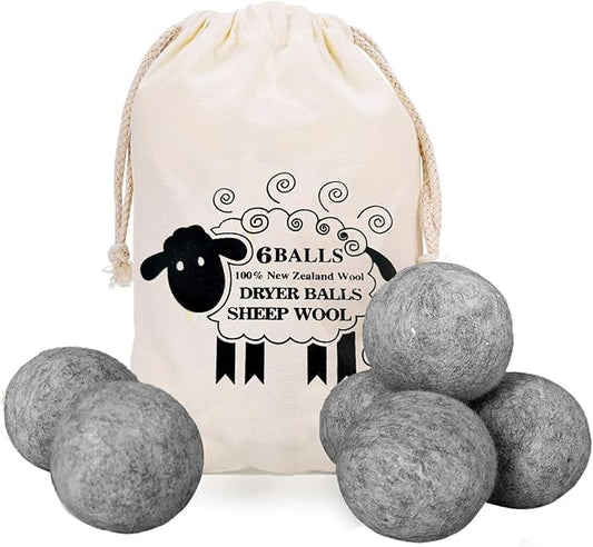 6 Pack Wool Dryer Balls Laundry Reusable Anti Static, Cotton Balls Wool Laundry Balls for Dryer Reduces Clothing Wrinkles Natural Fabric Softener Last 1000+ Loads (Dark Grey, 2.75 in/7 cm)