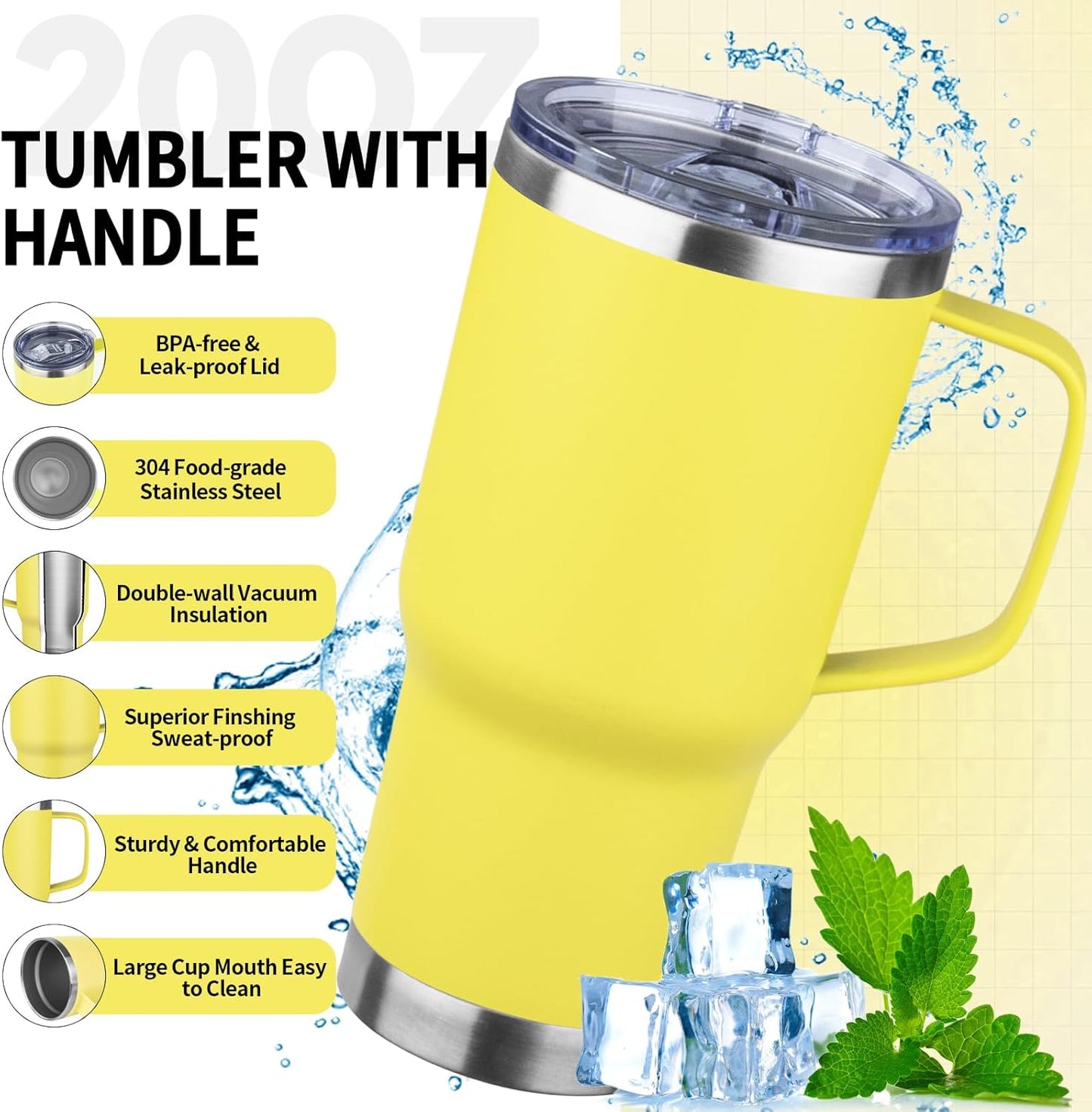 20oz Insulated Tumbler with Handle Stainless Steel Travel Coffee Mug with Lid and Straw Double Wall Vacuum Leak-proof Reusable Thermal Water Cup for Hot and Cold Drinks (Yellow,1 Pack)