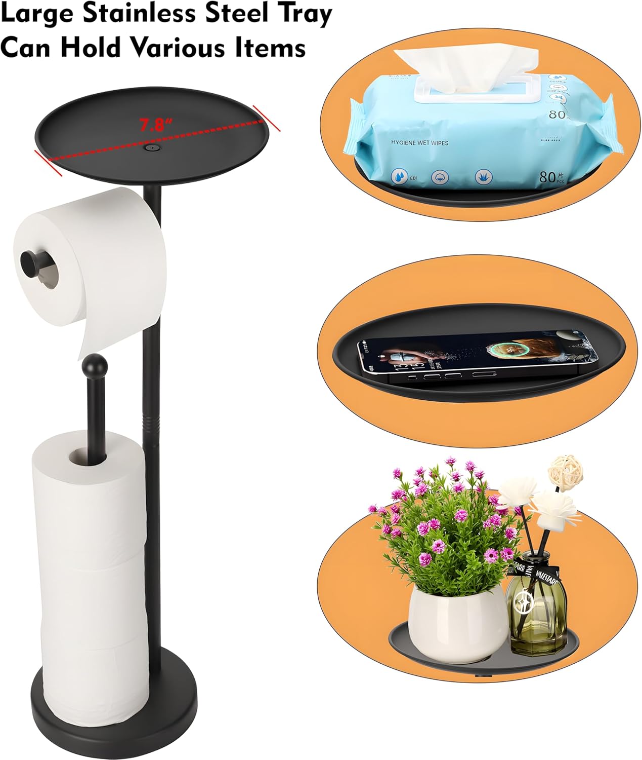 Noonext Black Toilet Paper Holder with Shelf, Freestanding Toilet Paper Holder Stand with Tray at The Top, Heavy Base No Tipping Over (Stainless Steel, Black)