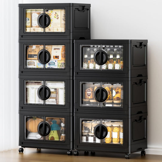 JEKO&JEKO 581Qt Lockable Stackable Storage Bins with Lids, Collapsible Closet Organizer with Wheels, Plastic Cabinet Drawer for Clothes, Dorm Room 7 Pack (Black)