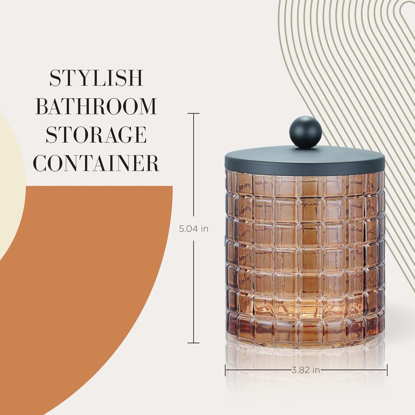 Amber Colored Tranlucent Apothecary Etched Geometric Grid Glass Jar W/Matte Black Metal Lid for Bathroom Organization, Cotton Balls, Q Tips, and Small Accessories, Bathroom Storage