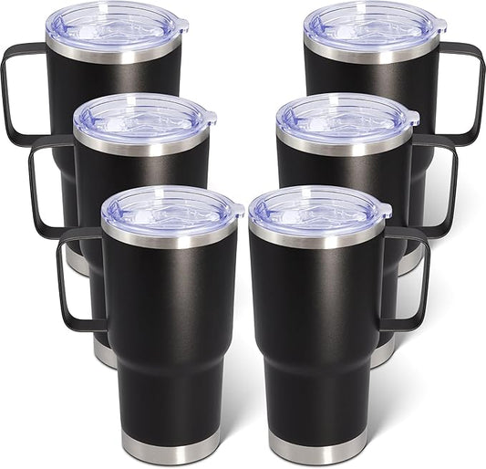 20 oz Tumbler with Handle and Lid, Stainless Steel Tumbler Insulated Travel Coffee Mug, Spill Proof Double Wall Vacuum Tumbler Cup Keep Drink Hot & Cold, Black, 6 Pack