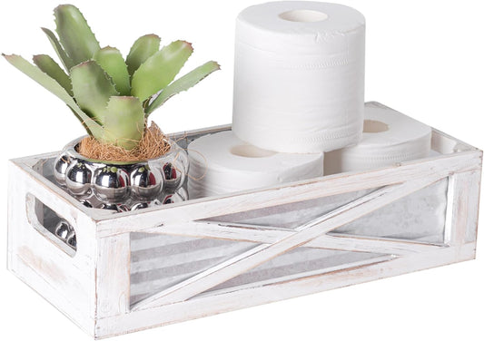 Wooden Toilet Tank Basket, Rustic Bathroom Decor Box, Farmhouse Toilet Paper Organizer Holder, Decorative Bathroom Storage Basket, Barn Door (Whitewash)