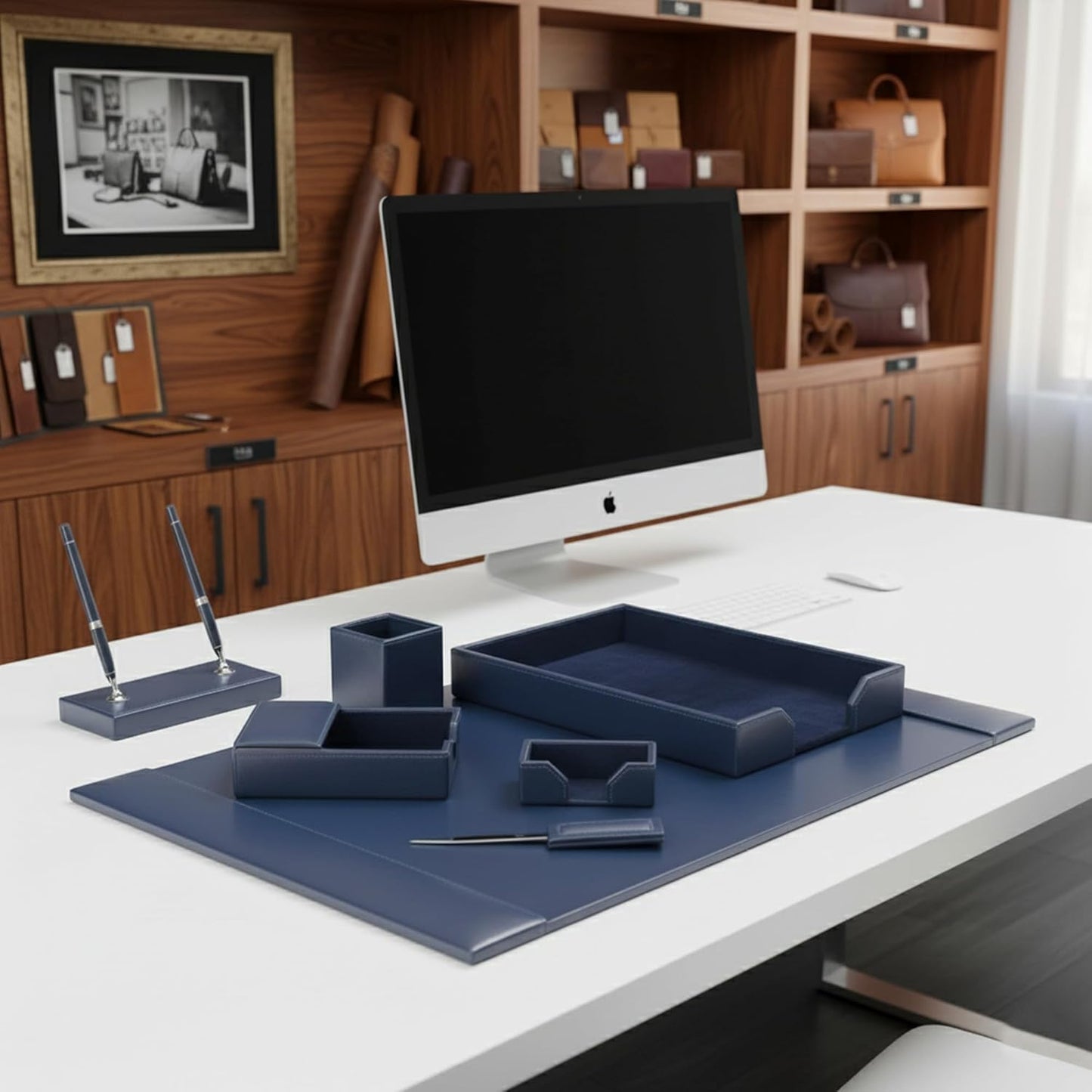 Dacasso Bonded Set Luxury Leather Desk Pad & Desk Organization Essentials, 7 Piece, Navy Blue