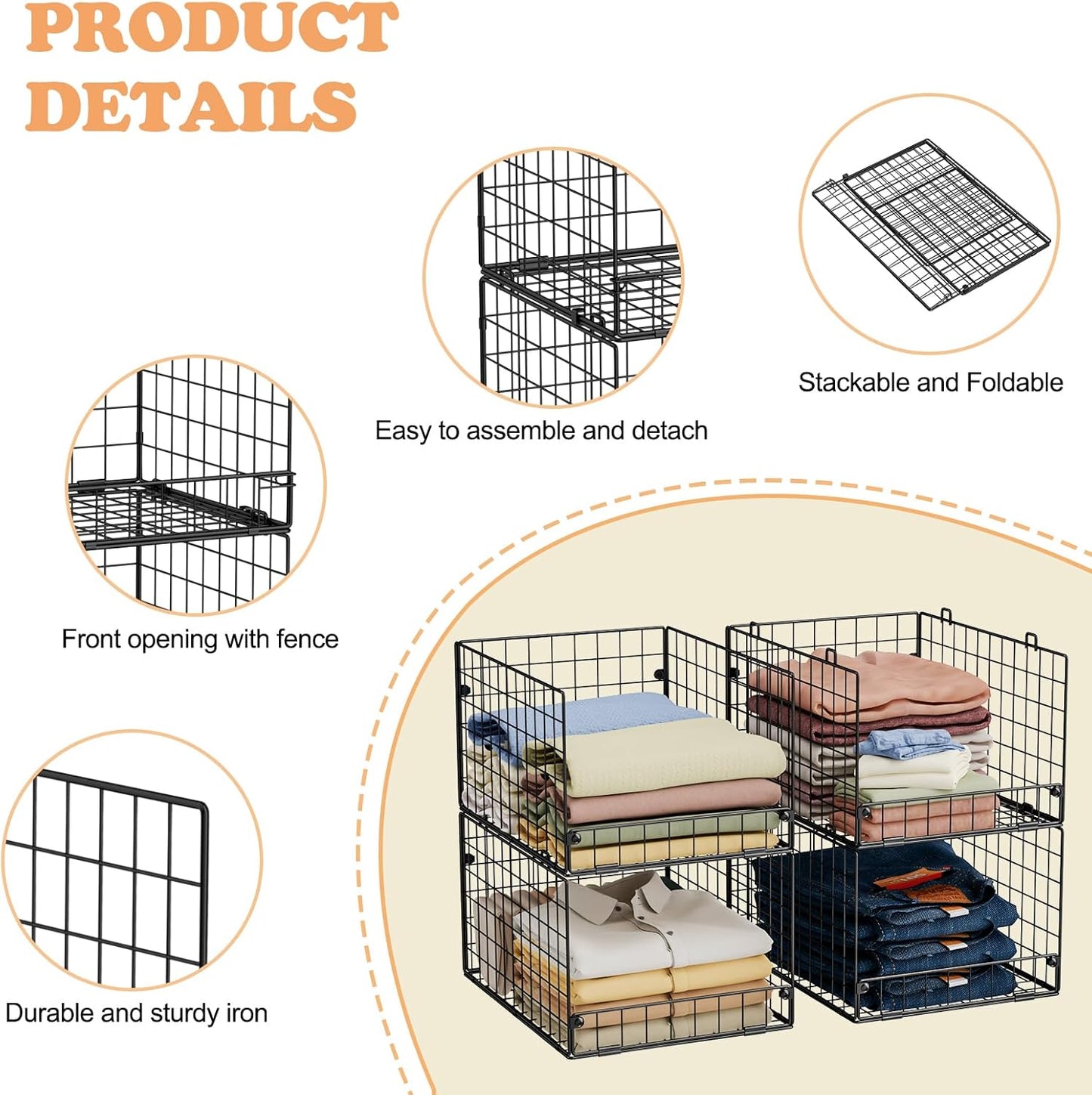 4-Tier Stackable Closet Organizers and Storage Shelves, Foldable Closet Shelf Organizer System, Stackable Storage Bins Drawers for Closet Organizer System, Black(Patent Pending, 15.7"x11.8"x34.64")