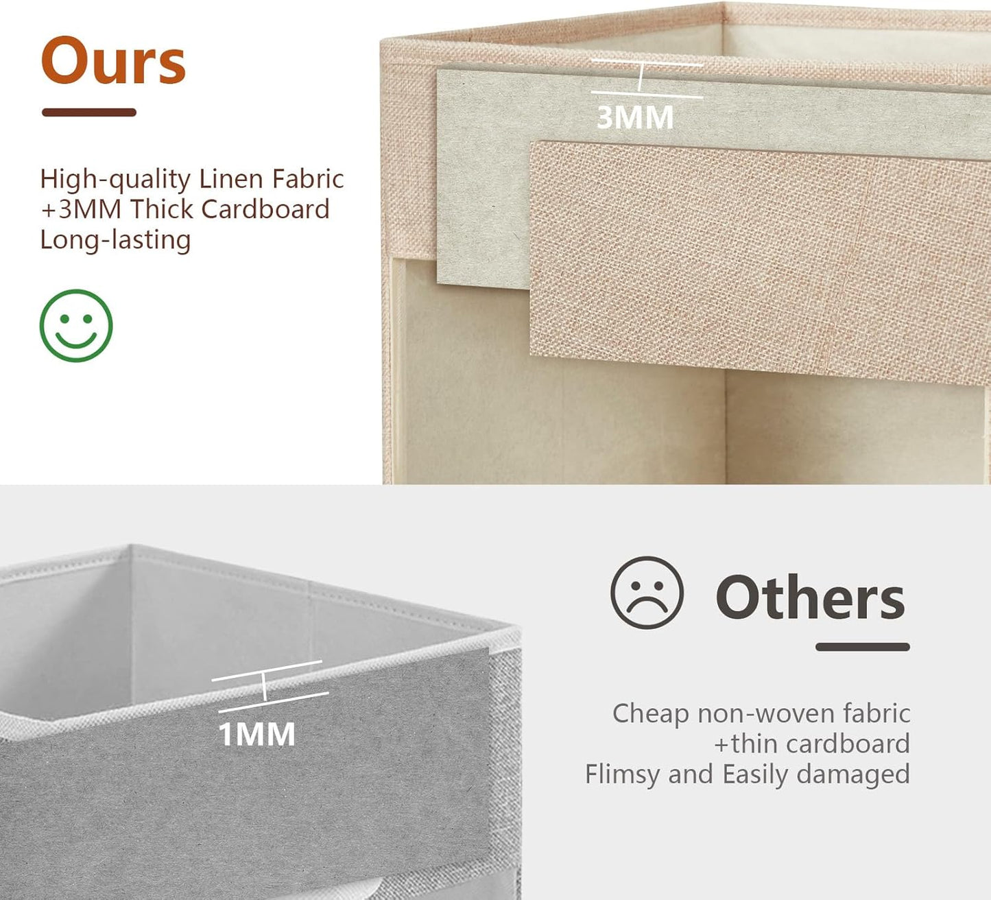 Medium Storage Baskets with Clear Window, See Through Closet Organizer with PU Handles, Linen Foldable Storage Bins for Organizing Clothes, Toys, Books (Khaki)