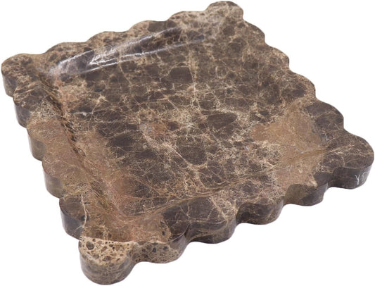 Square Marble Decorative Tray with Scalloped Edge, Luxury Natural Stone Bathroom Vanity Tray, Dresser Top Perfume Coffee Home Kitchen Sink Tray, Key Trinket Ring