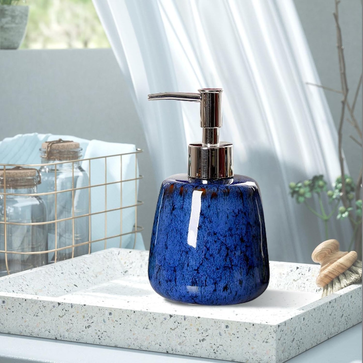 Jessie Hand Soap Dispenser,Blue Ceramic Liquid Hand Soap Dispenser with Pump,Modern Vintage Refillable Hand Lotion Pump Bottle for Bathroom Kitchen Set 10.8 oz (Blue)