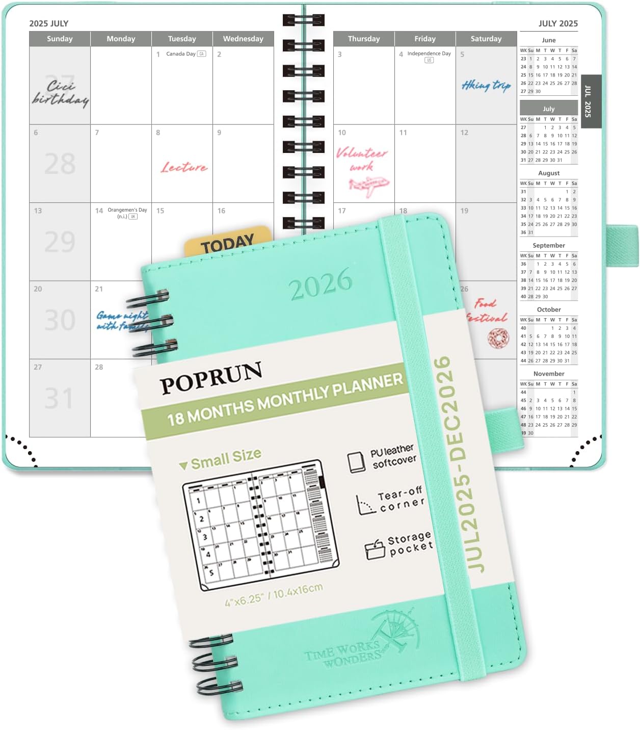 POPRUN Monthly Planner 2025-2026 Pocket Size (4" x 6.25") 18 Months Calendar (Jul 2025 - Dec 2026) - 4 Pages per Month with Monthly Expense & Notes, Sunday Start, Leather Cover - Green