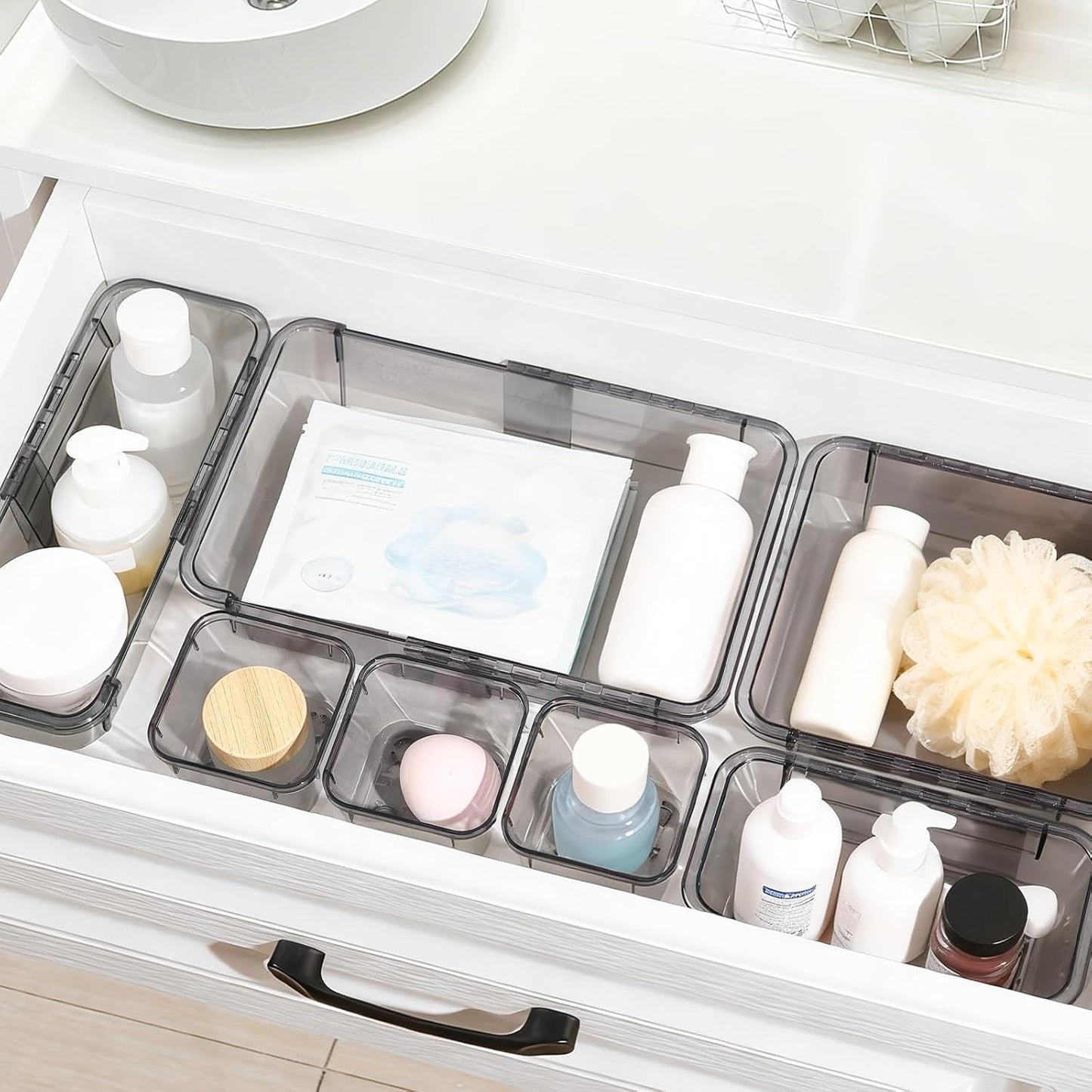 20 Pcs Adjustable Clear Drawer Organizer, Extendable Vanity Storage Bins, Desk Drawer Organizer Set for Makeup, Cosmetics, Bedroom, and Gadgets, Black