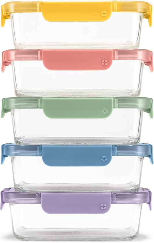 Ello Color Lock 3.4 Cup 10PC, 5 Pack Glass Meal Prep Sets Leak-Proof Glass Food Storage Containers with Airtight BPA-Free Plastic Lids, Dishwasher, Microwave, and Freezer Safe, Desert Festival