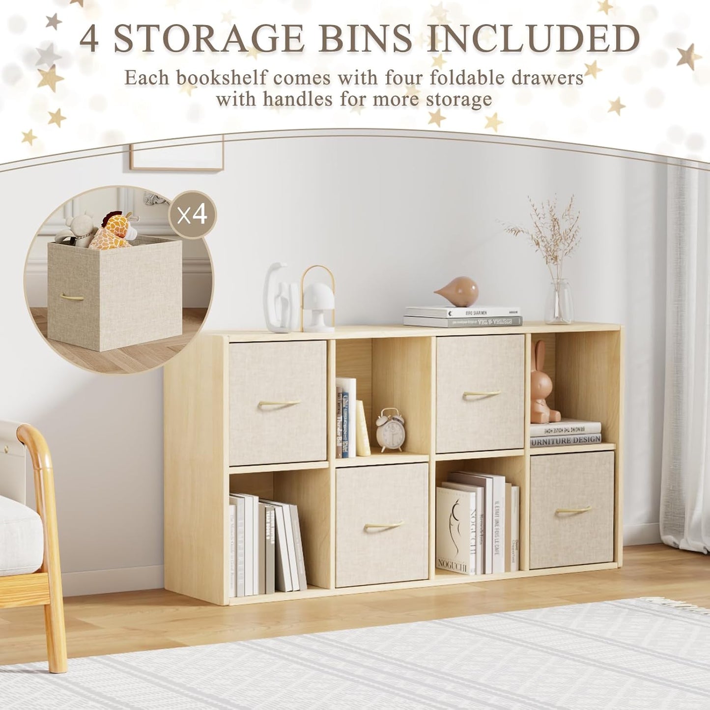 8 Cube Storage Organizer - Solid Wood Bookshelf with 4 Storage Bins, Cube Shelf with 2 Removable Back Panels, Vertical or Horizontal Bookcase, Open Book Shelf for Bedroom, Living Room, Office