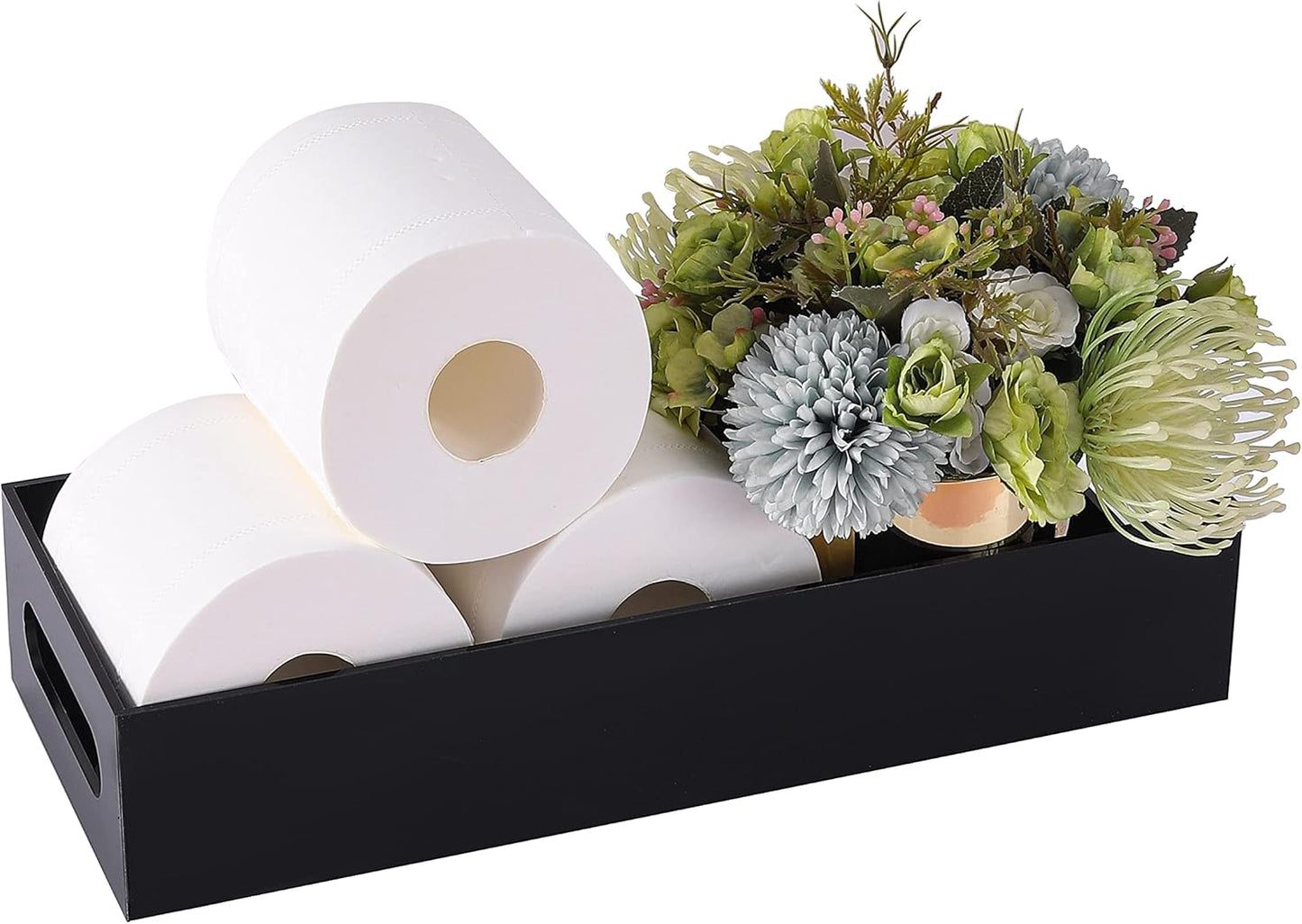 IEEK Toilet Paper Holder with Storage Acrylic Basket, Modern Tank Tray with Non-Slip Mat, Black Decor for Bathroom, Vanity, Bedroom, Entryway, Living Room