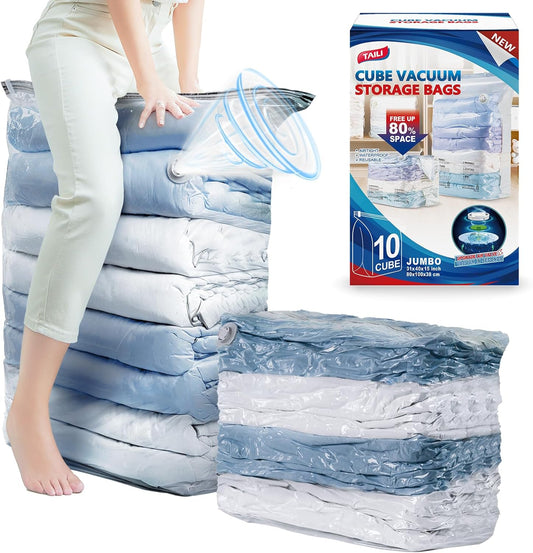 TAILI 10 Pack Vacuum Storage Bags, Jumbo Cube Space Saver Bags (31x40x15 Inch), Extra Large Vacuum Seale Bags for Comforters Blankets Bedding Clothing, Saving Space Closet Organization, Clear