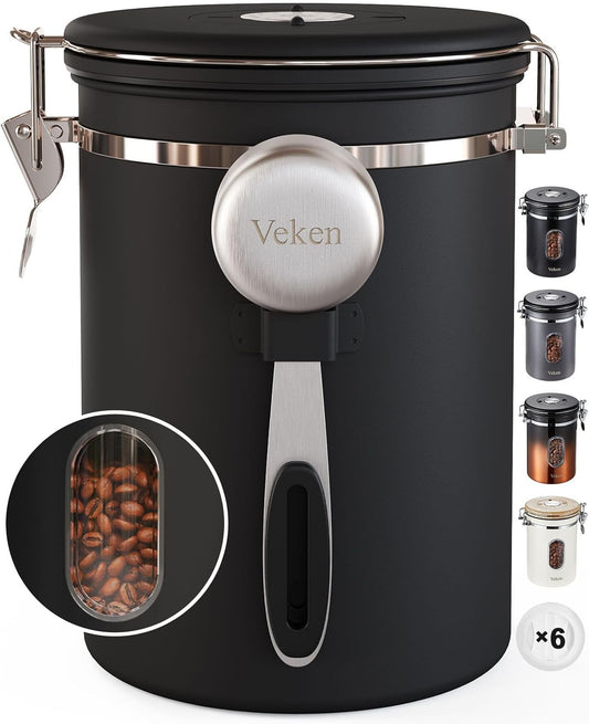 Veken Coffee Canister with Window,Airtight Stainless Steel Pantry Container,Home Kitchen Food Storage Organizers for Ground,Beans,Espresso,Rice,Tea,Sugar,Cereal, Flour,Bar Accessories,Gifts,22OZ,Black