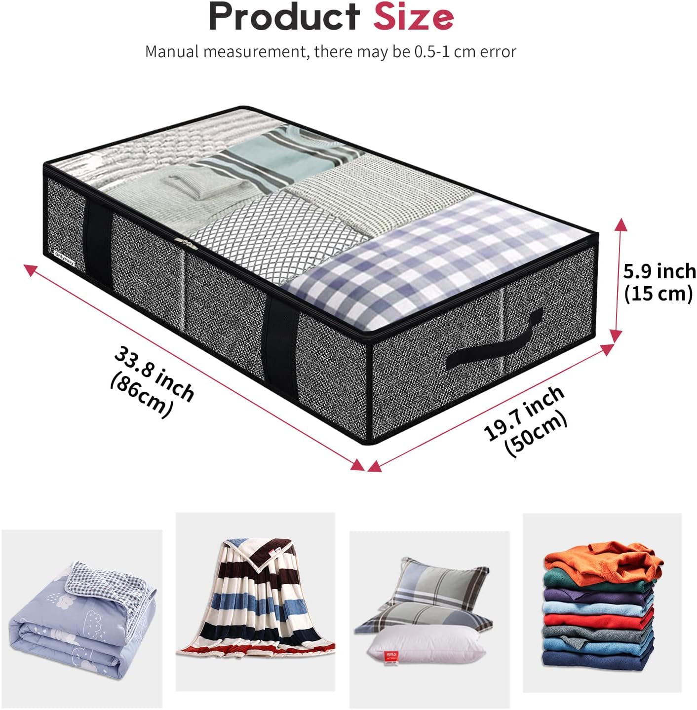 Onlyeasy Underbed Fabric Storage Bags Organizer with 4 Handles, 2 Zippers and Large Clear Window, for Clothes, Blankets, Bedding, Foldable with Sturdy Structure, 2 Pack, Linen-like Black, MXAUBBSS2P