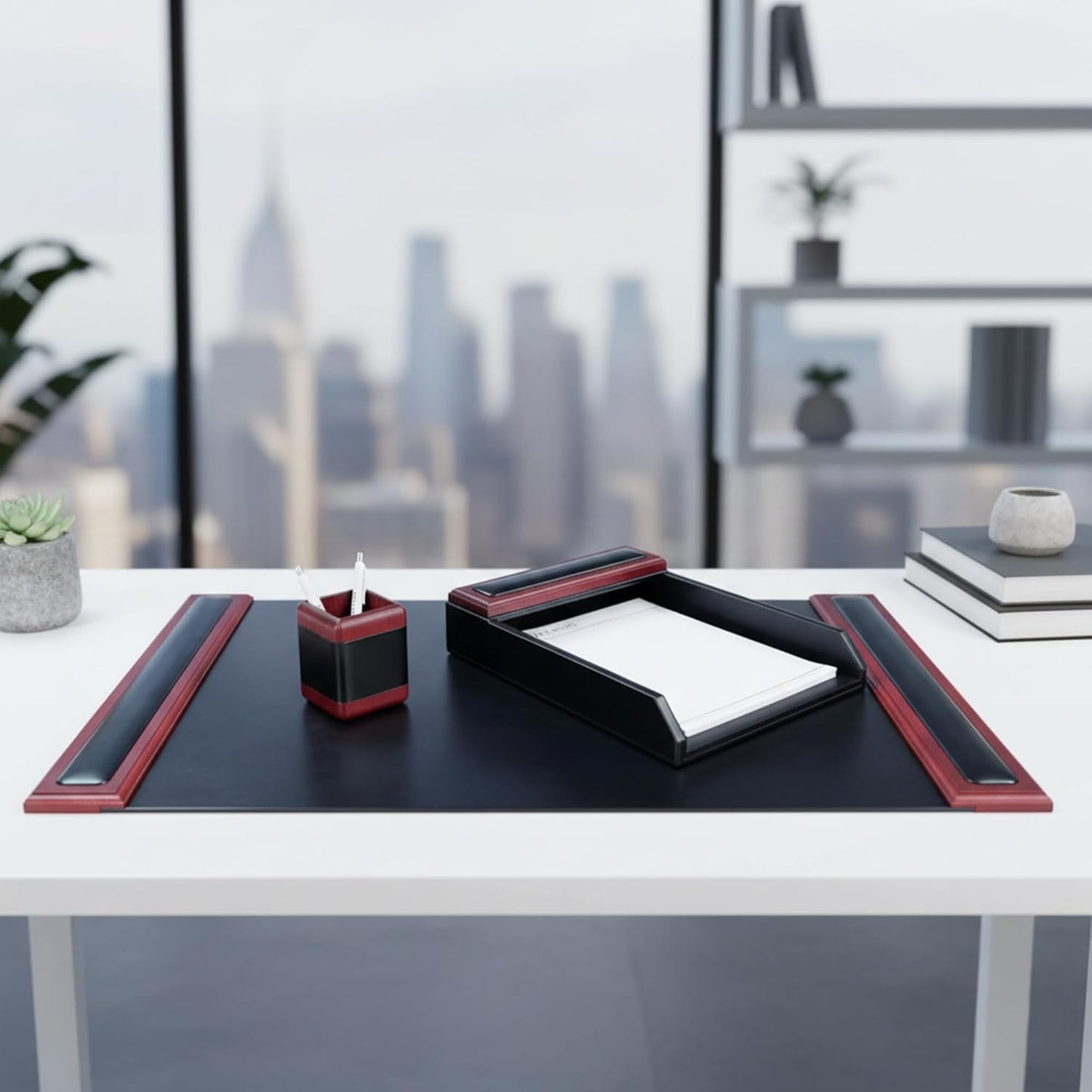 Dacasso Rosewood and Leather Desk Set, 3-Piece (D8037)