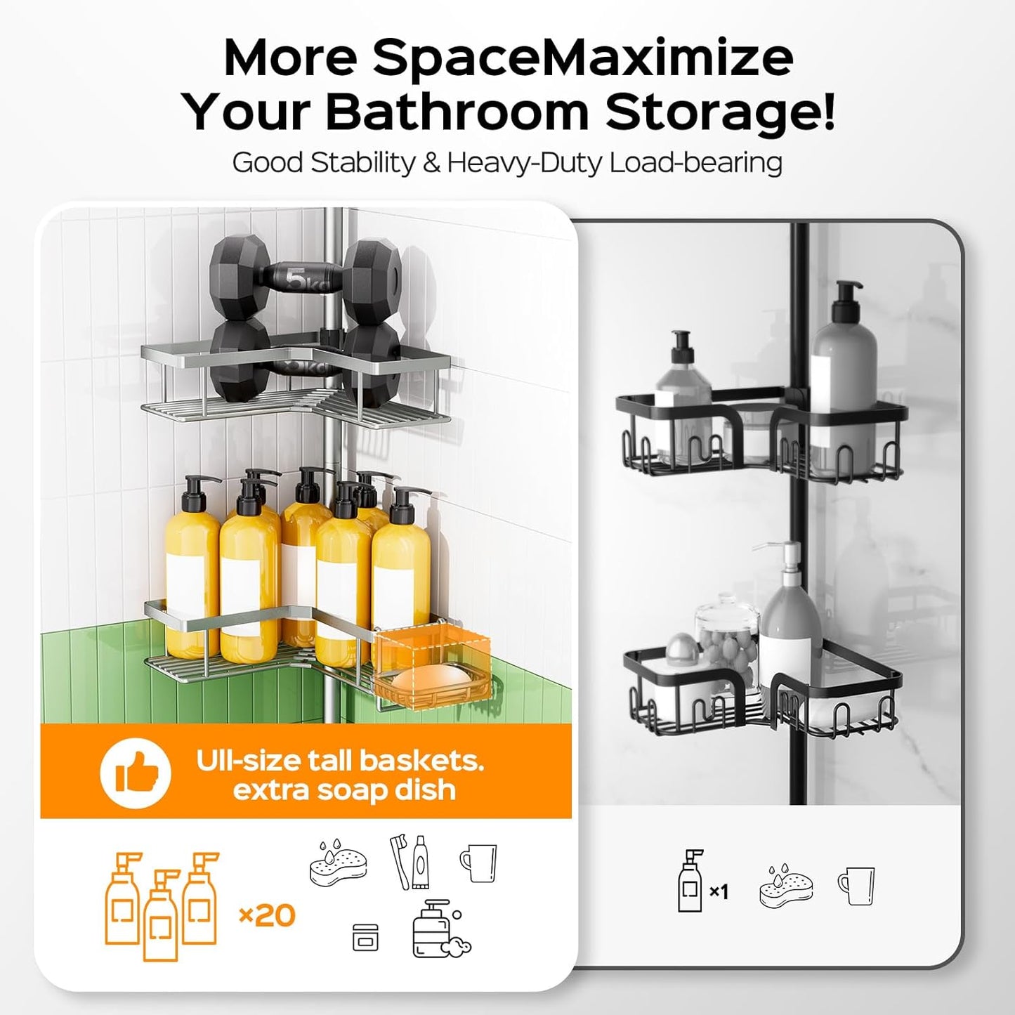 HAMITOR Shower Caddy Tension Pole: 4-Tier Corner Rustproof Bathroom Organizer with Soap Holder - No-Drill Adjustable Shower Shelf for Renters - Small Space Storage Rack for Apartment - 47-123 Inch