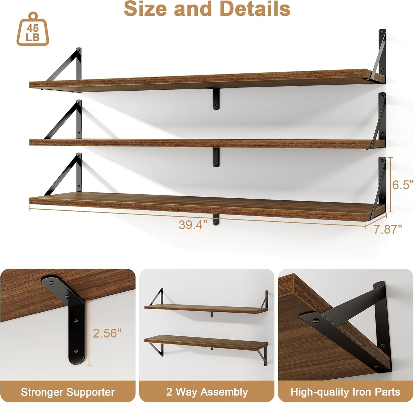 Fun Memories Long Wall Shelves for Bedroom, Set of 3 Large 40-Inch Floating Bookshelves, Rustic Wood Display Shelf for Home and Office (Walnut)