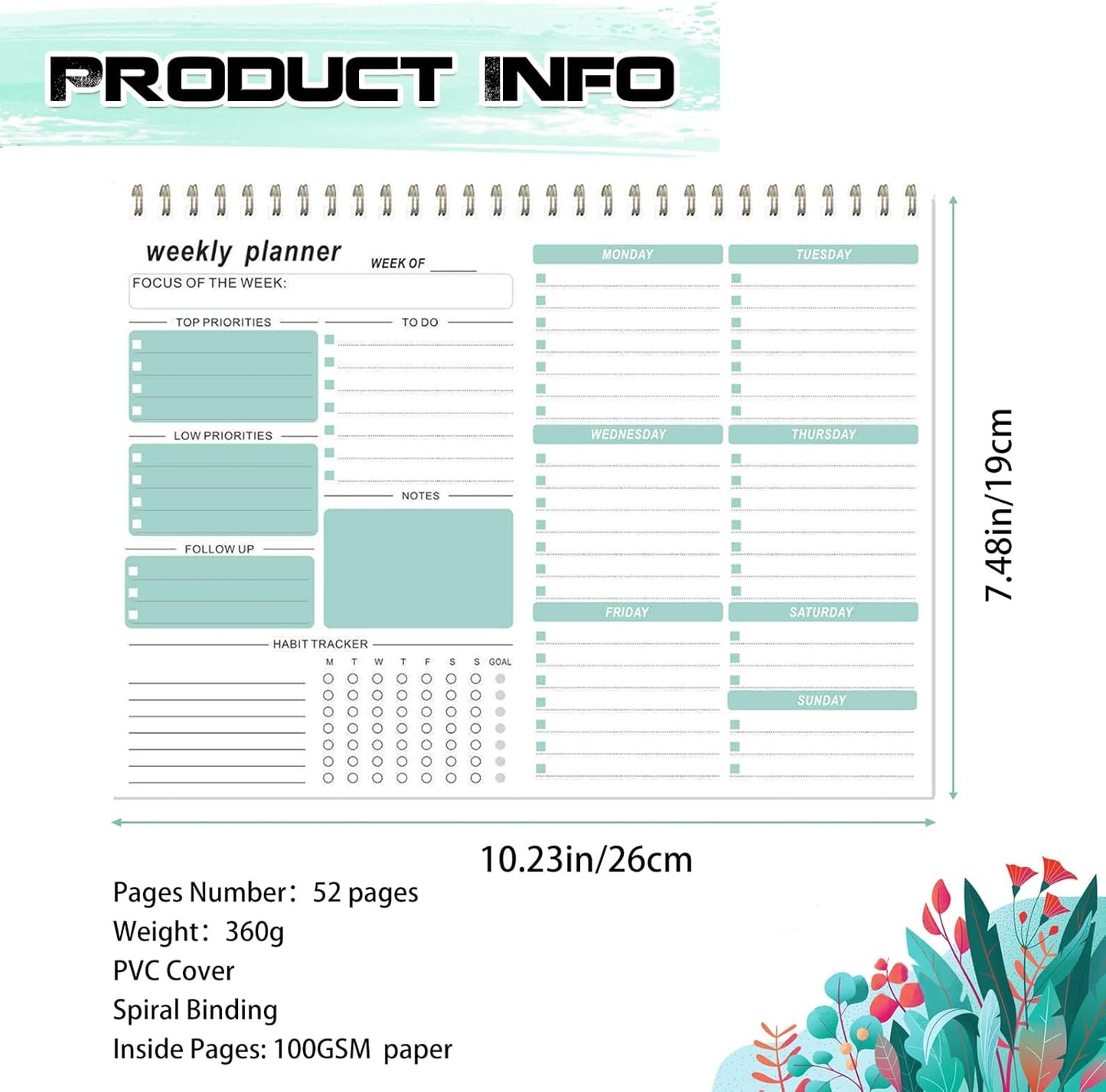 Weekly Planner, 7.5''x10.2'' Weekly To Do List Notepad, Undated Weekly Planner Notepad with 52 Tear Off Sheets Planner, Habit Tracker Productivity Organizer for Home School and Work