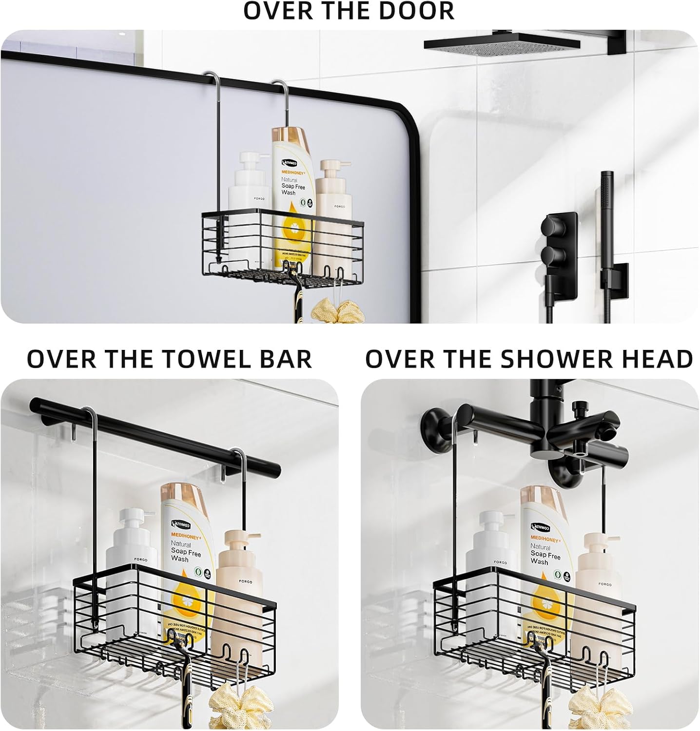 SHANSHUI Shower Hanging Caddy, Bathroom Shower Organizer Basket, Shampoo Bracket Over Door Rack with Hooks, 304 Stainless Steel