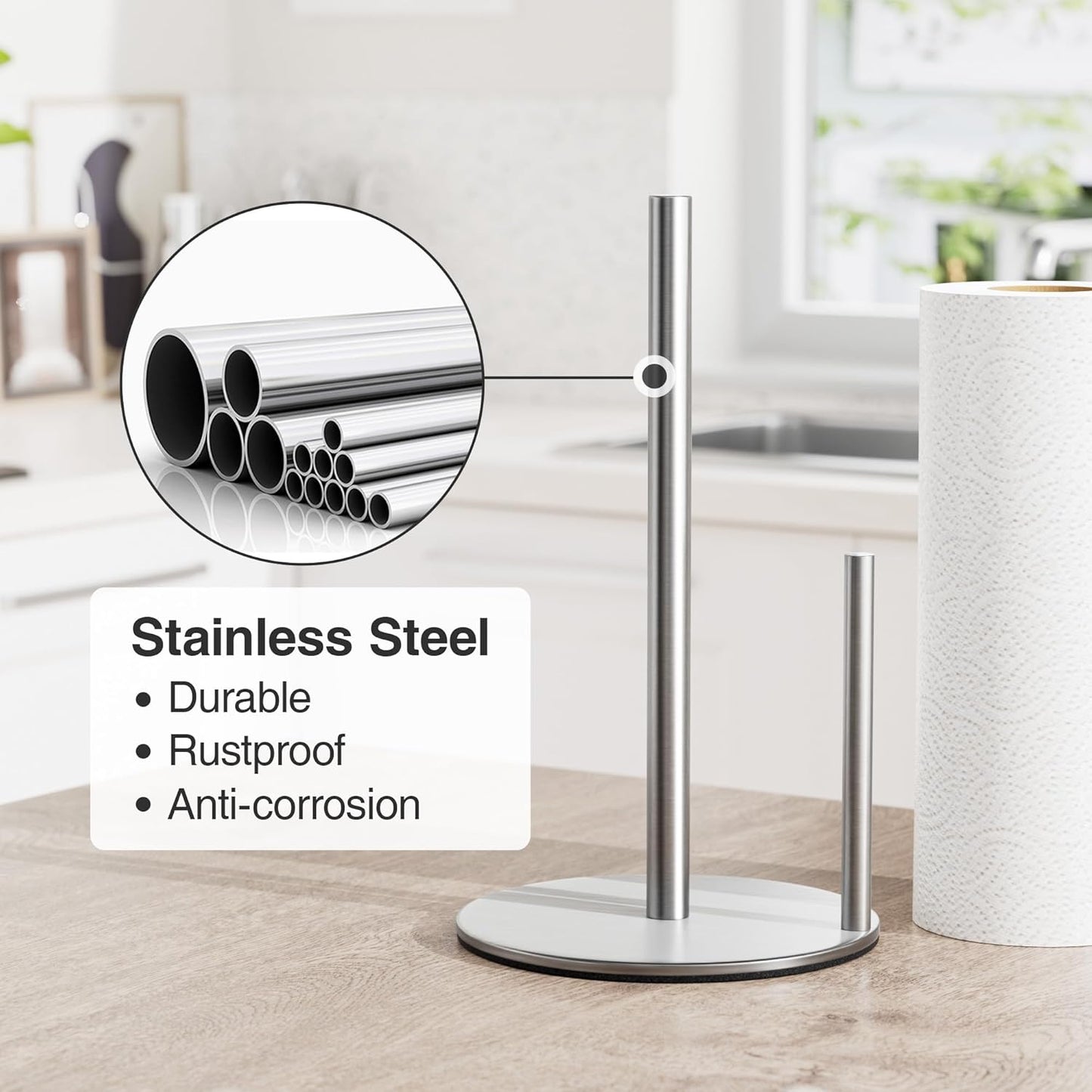 Paper Towel Holder Silver, Premium Stainless Steel Kitchen Roll Dispenser, Countertop Roll Organizer with Weighted Base