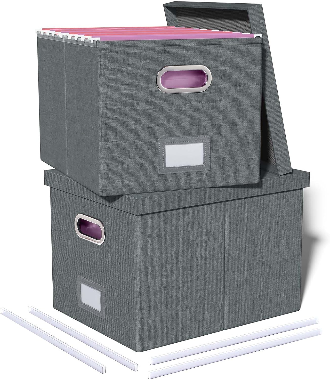 Oterri 2 Pack File Storage Organizer, Filing Box, Portable File Box with Lid, Fit for Letter/Legal File Folder Storage, Document Organizer, Dark-gray