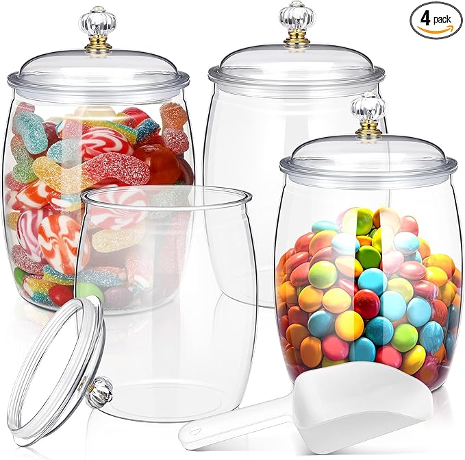 Nuogo 4 Pcs Plastic Candy and Cookie Jars with Lids Clear Cookie Container Candy Jars Large Airtight Apothecary Storage Organization for Wedding Home Kitchen Bar(128 oz)