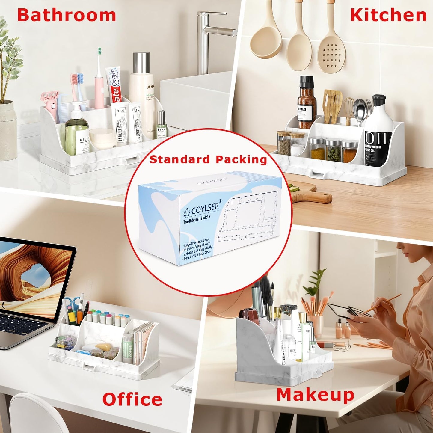 Large Size Silicone Tooth Brush Holder for Bathroom with Drainage, White Marble Toothbrush Holders, Easy Clean Bathroom Countertop Organizer Detachable Makeup Organizer for Vanity