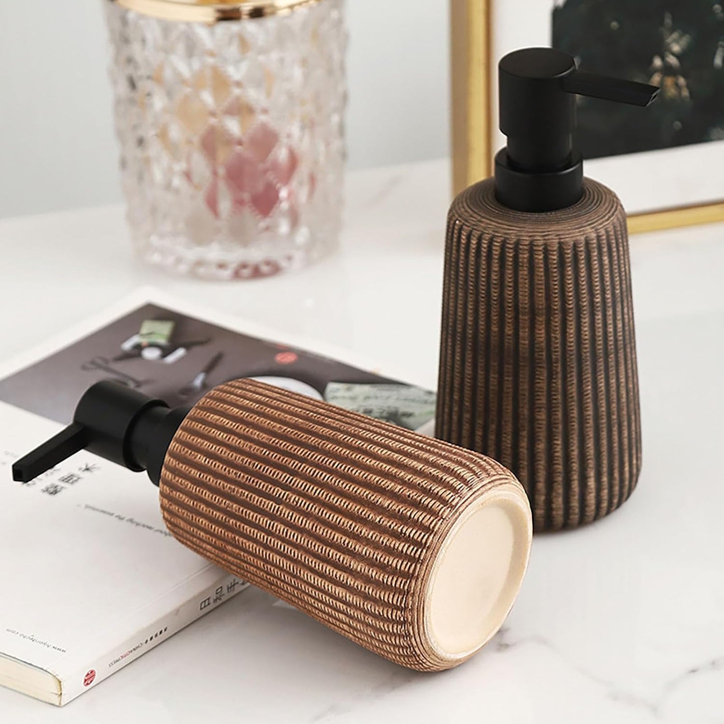 Comeon Hand Soap Dispenser, 12OZ/340ml Marble Dish Soap Dispenser Ceramic Countertop Refillable Hand Lotion Pump Bottle Liquid Hand Soap Jar Shower Dispenser Kitchen Bathroom Décor (Light Brown)