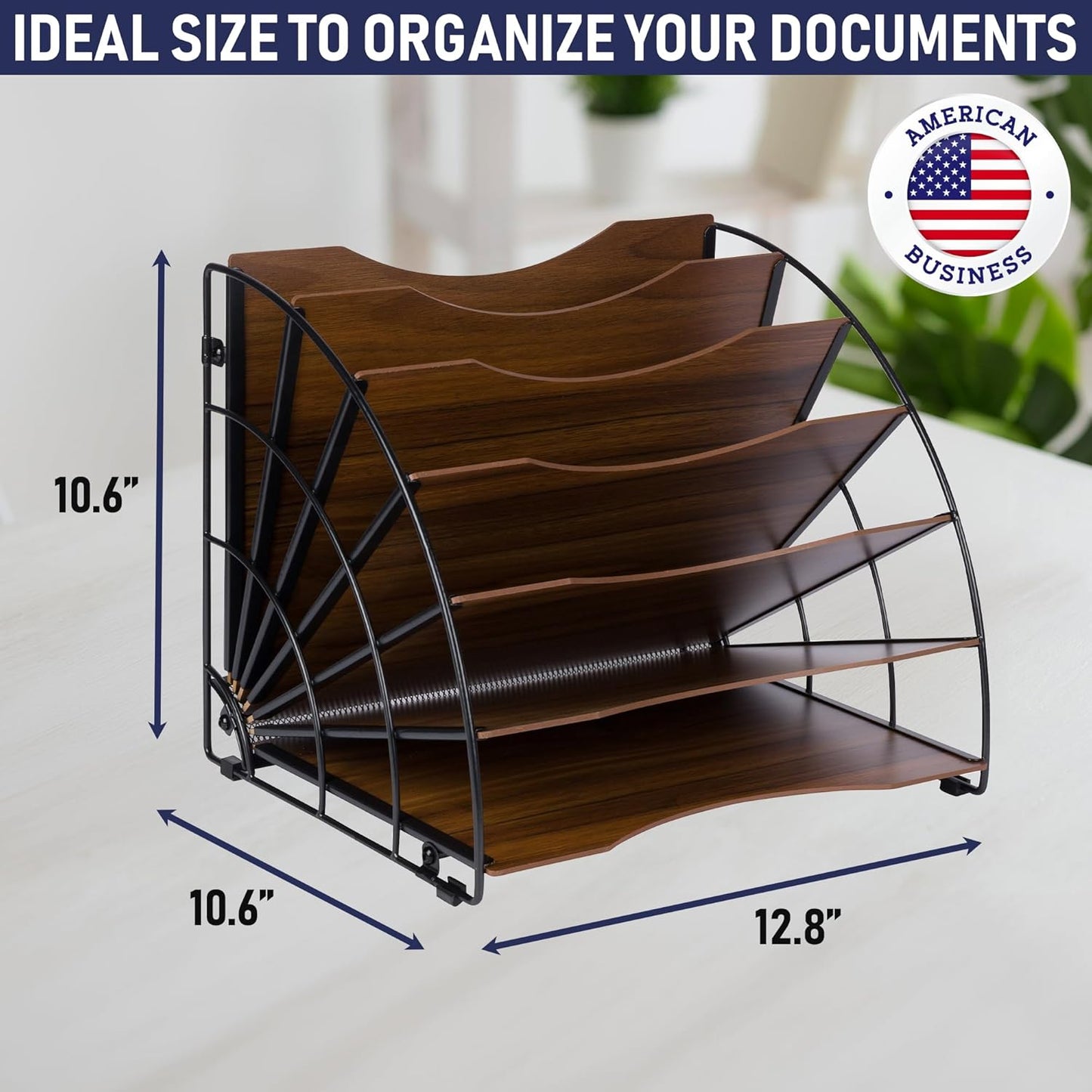 Dasher Products Fan-Shaped Office Desk Organizer, 6 Compartments with Wood-Patterned Shelves for Storing Paper, Bills, Letters, and Office Supplies. Multi-Functional Desk Organizers and Accessories