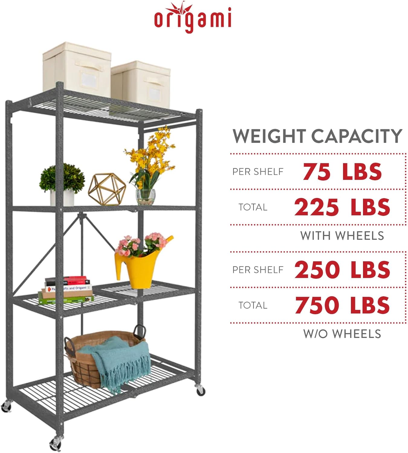 Origami 4-Pack R5 Storage Rack, 4-Tier Heavy-Duty Foldable Steel Shelf with Wheels, Gray