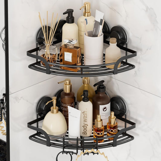 TAILI Powerful Suction Cup Corner Shower Caddy 2 Pack, Stainless Steel Rustproof Shower Shelf with Hook, Drill-free Wall Mounted Basket, Large Capacity Removable Suction Cup Bathroom Organizer, Black
