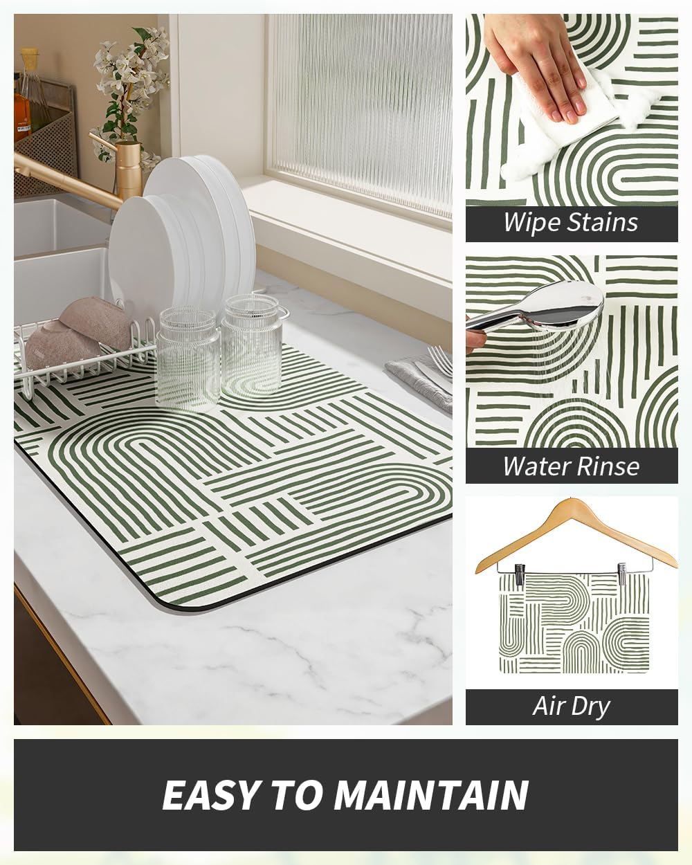 AMOAMI Coffee Mat Hide Stain Rubber Backed Absorbent Dish Drying Mat for Kitchen Counter - Fits Under Coffee Maker or Machine - Green Line 17x31.5