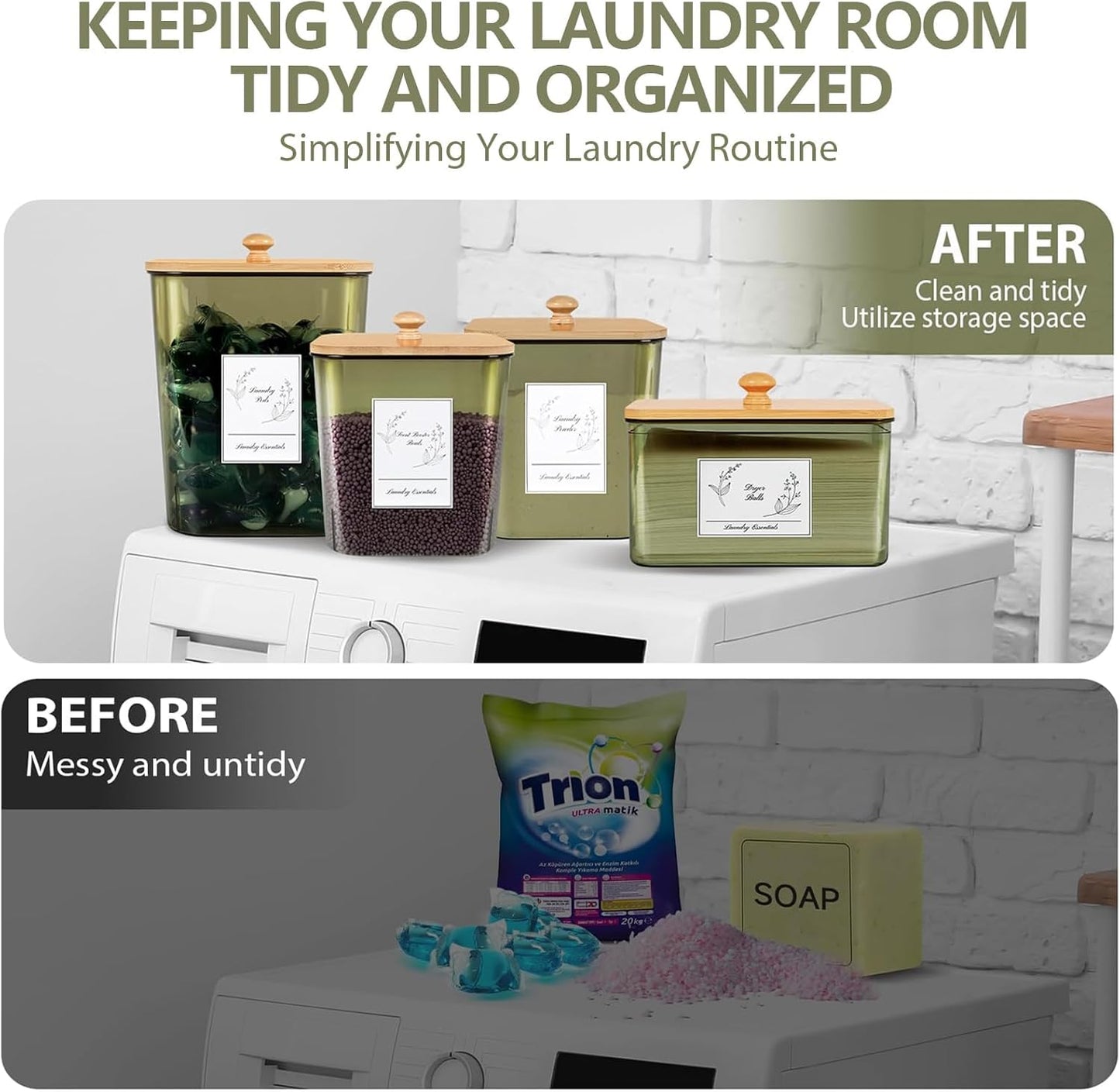 4 Pack Laundry Pods Container & Dryer Sheet Holder, Plastic Pod Holder with Lids & Scoops, Laundry Room Organization and Storage Sets for Powder, Detergent, Scent Booster