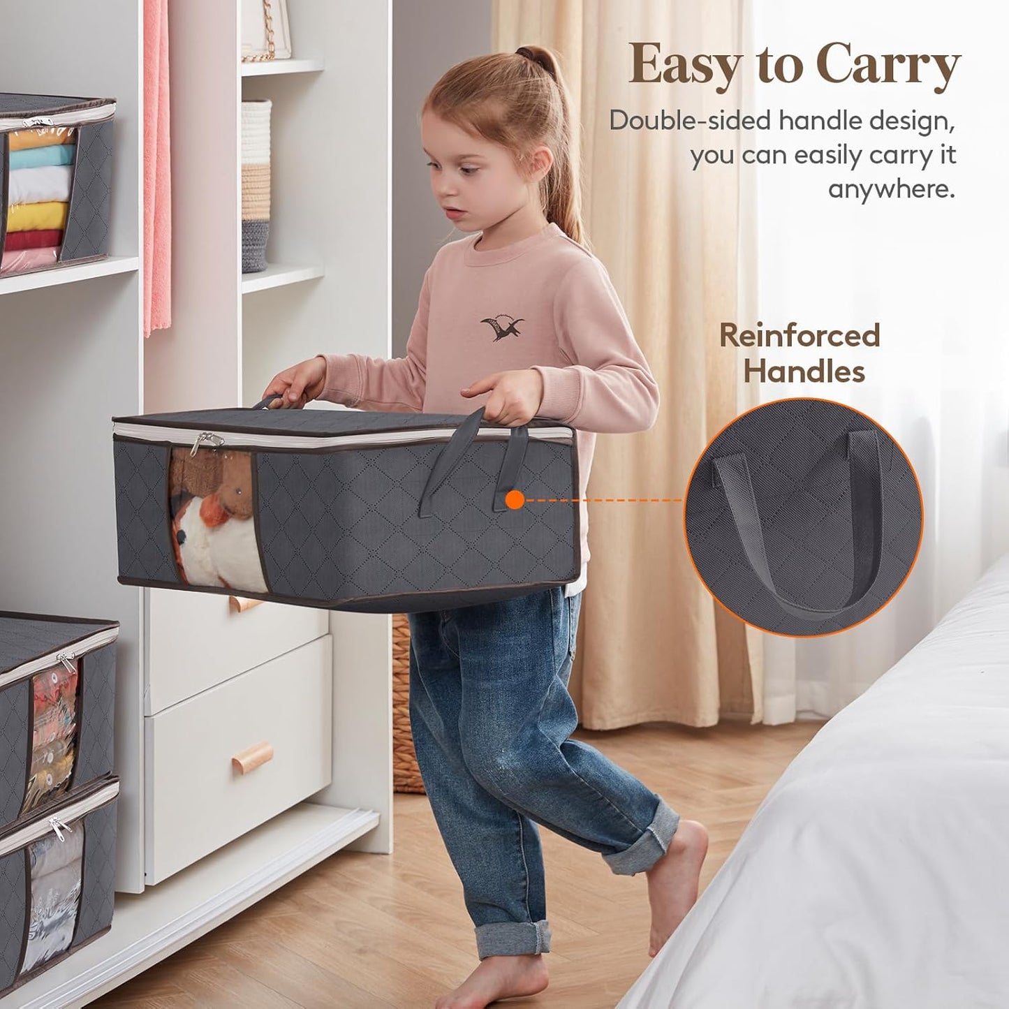 Lifewit 4 Pack Clothes Storage Bag, Foldable Storage Bin Closet Organizer with Reinforced Handle, Sturdy Fabric Blanket Storage with Clear Window, Storage Containers for Clothing, Bedding, Gray