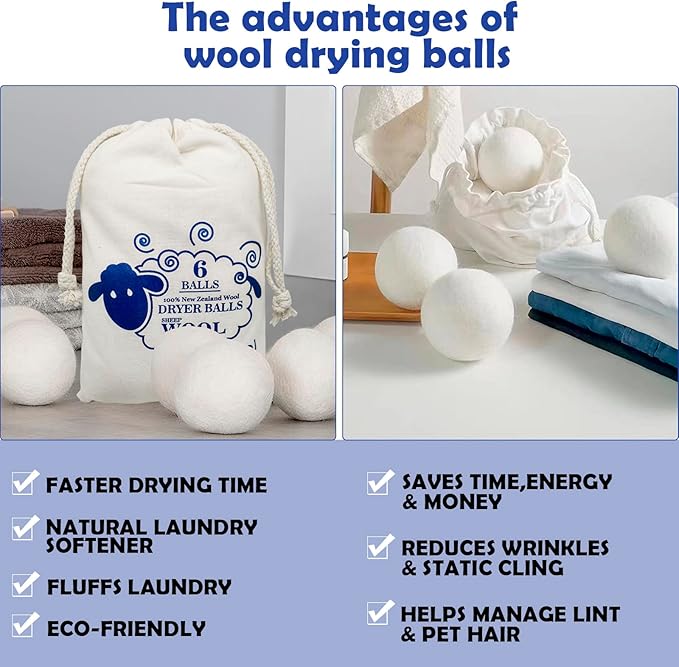 Reusable Wool Dryer Balls for Laundry, 6-Pack Handmade Drying Balls 2.36 in, Natural Fabric Softener, Helps Soften Clothes and Shorten Drying Time, with Cotton Storage Bag