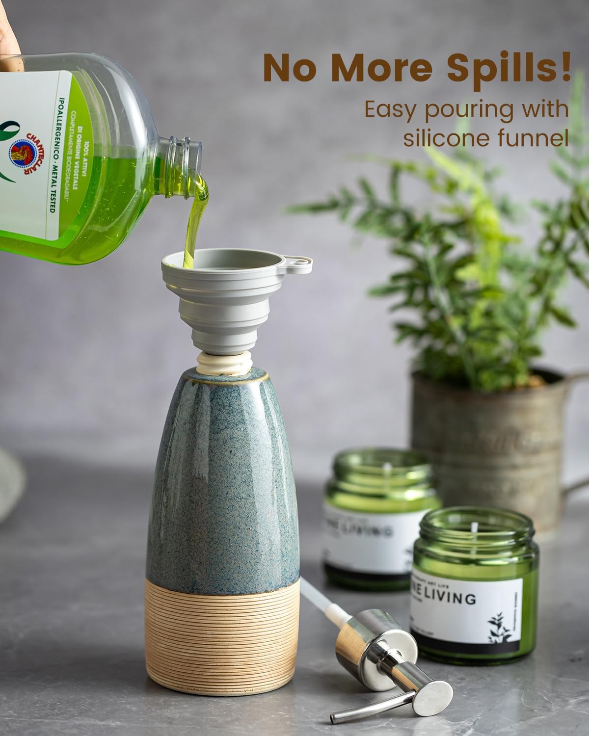 12 oz Dish Soap Dispenser with 2 Pumps, Ceramic Hand Soap Bottle for Shampoo, Body Wash, Lotion, Liquid Dispenser for Kitchen Countertop with Silicone Funnel, Ideal for Thanksgiving, Christmas, Blue